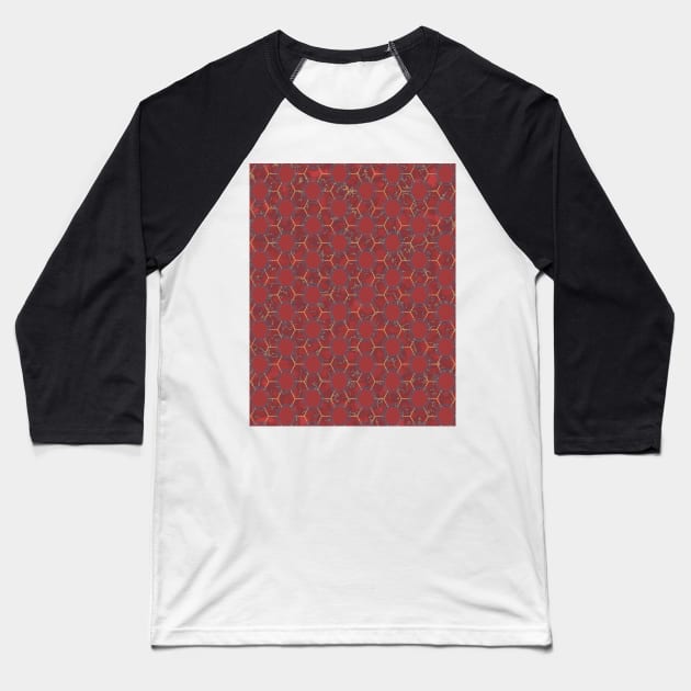 Hexagon Red Marble Pattern Baseball T-Shirt by Looly Elzayat